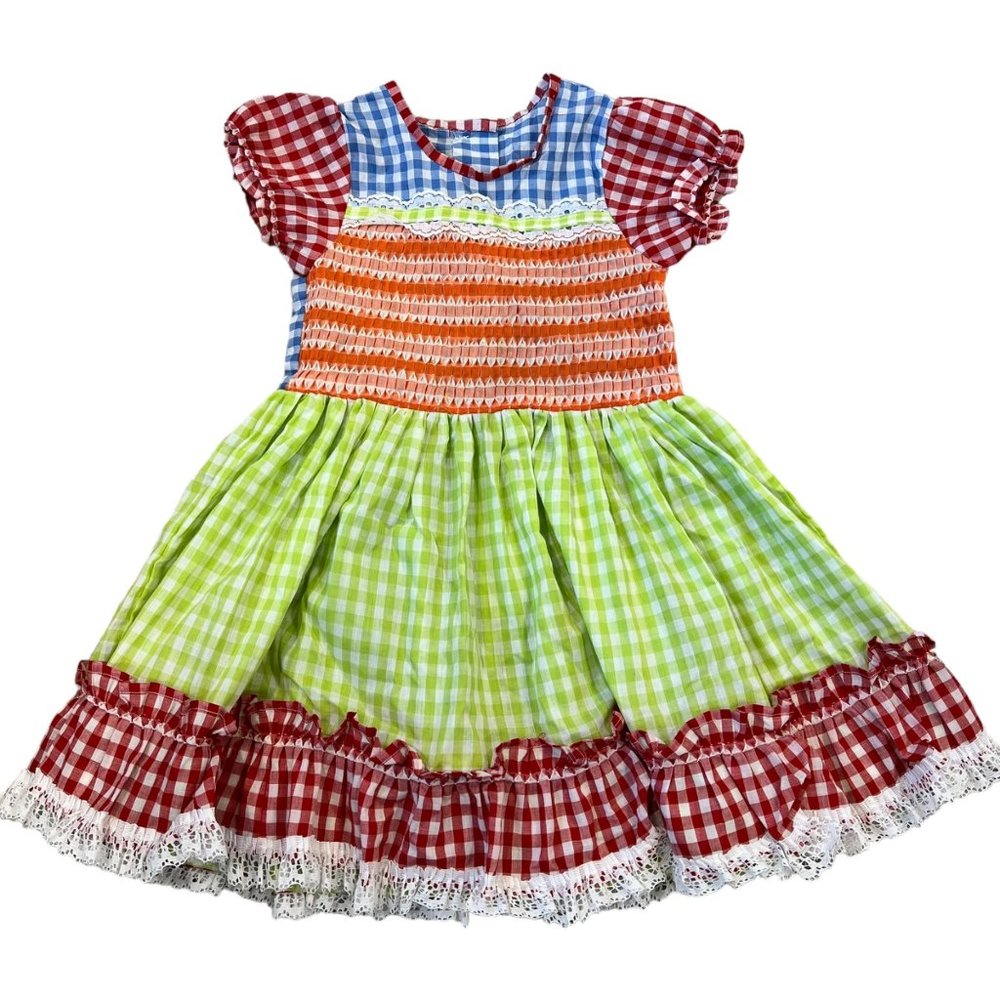 Vintage Smocked Toddler Dress Gingham Rainbow Multi Color Lace Full Circle